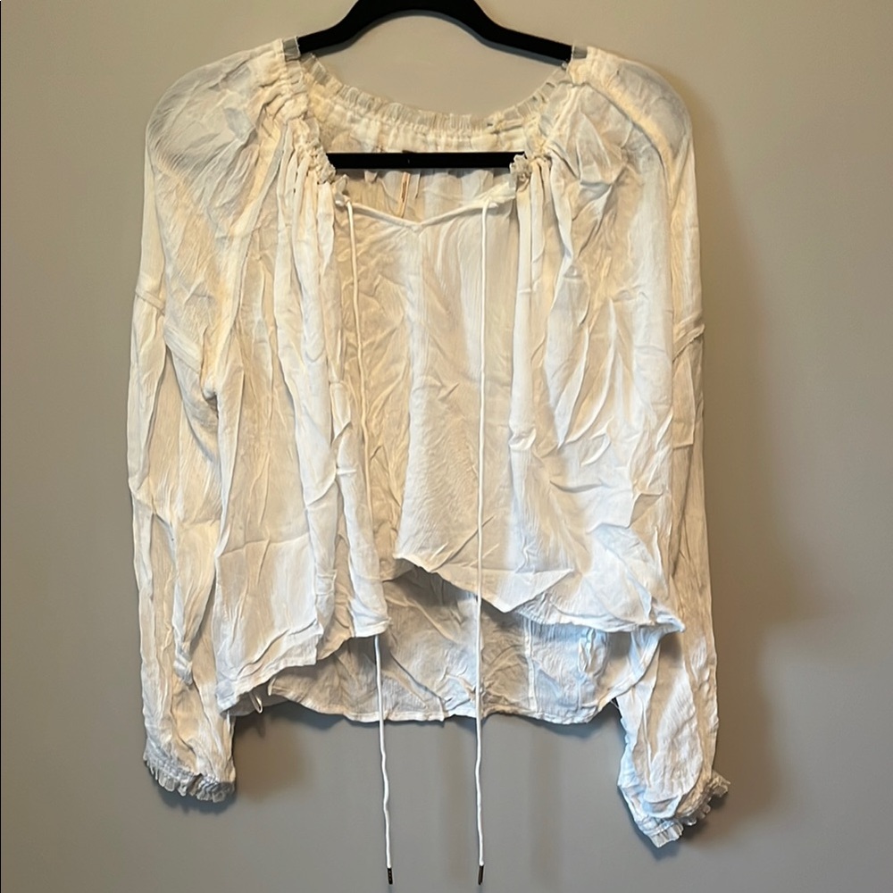 Free People Cream Ruched Tie Front Long Sleeve Blouse
